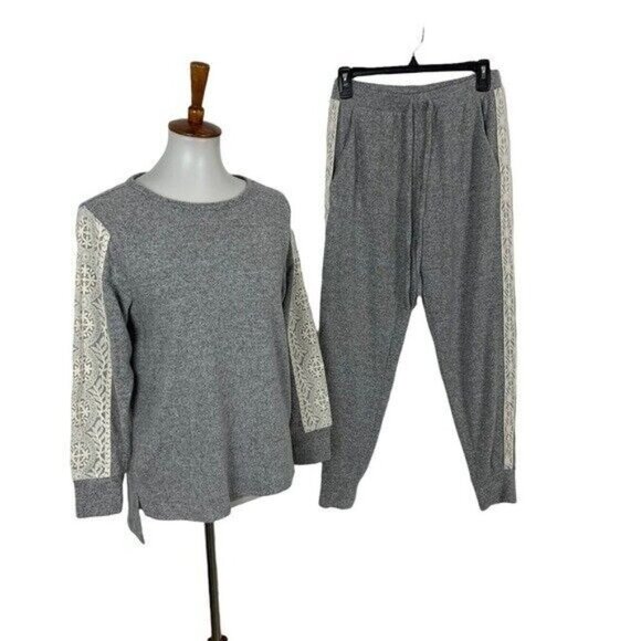 Flora Nikrooz Lounge Set Gray Lace Trim Pullover Jogger Pants Small Cozy Chic - Picture 1 of 7